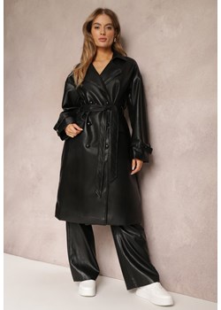 Czarny Dwurzędowy Płaszcz z Imitacji Skóry z Paskiem Dyrine ze sklepu Renee odzież w kategorii Płaszcze damskie - zdjęcie 157089786