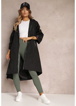 Czarny Płaszcz z Kapturem i Dłuższym Tyłem Kemiah ze sklepu Renee odzież w kategorii Płaszcze damskie - zdjęcie 157089806