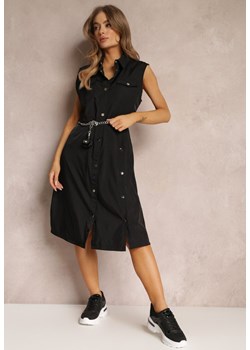 Czarna Sukienka za Kolano z Ozdobnym Paskiem Adarene ze sklepu Renee odzież w kategorii Sukienki - zdjęcie 157089816