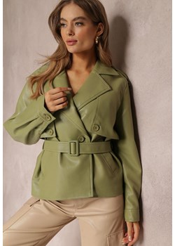 Zielona Jednorzędowa Kurtka Oversize z Imitacji Skóry i Paskiem Maxx ze sklepu Renee odzież w kategorii Kurtki damskie - zdjęcie 157089916