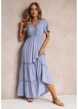 Jasnoniebieska Długa Sukienka Zdobiona Koronkowymi Wstawkami z Gumką w Pasie Nasma ze sklepu Renee odzież w kategorii Sukienki - zdjęcie 157090047