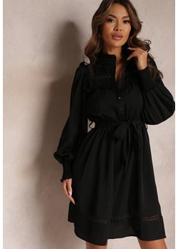 Czarna Rozkloszowana Sukienka ze Stójką i Gumką w Talii Amrei ze sklepu Renee odzież w kategorii Sukienki - zdjęcie 157090278