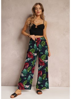 Granatowe Spodnie z Roślinnym Wzorem z Gumką w Talii Karlita ze sklepu Renee odzież w kategorii Spodnie damskie - zdjęcie 157090469