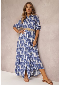 Niebieska Koszulowa Sukienka Maxi z Guzikami i Podpinanymi Rękawami Jaye ze sklepu Renee odzież w kategorii Sukienki - zdjęcie 157090529