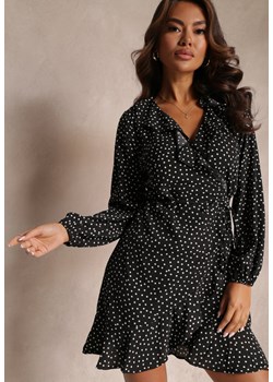 Czarna Kopertowa Sukienka Mini Zdobiona Falbankami i Printem w Kropki Ophia ze sklepu Renee odzież w kategorii Sukienki - zdjęcie 157090539