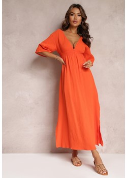 Pomarańczowa Rozkloszowana Sukienka Maxi z Głębokimi Wycięciami i Gumką w Talii Thanthea ze sklepu Renee odzież w kategorii Sukienki - zdjęcie 157090579