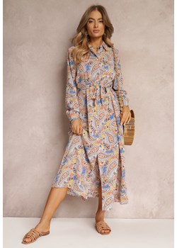 Pomarańczowo-Jasnoniebieska Koszulowa Sukienka Maxi z Kieszeniami i Guzikami Merra ze sklepu Renee odzież w kategorii Sukienki - zdjęcie 157090655