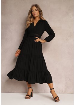 Czarna Sukienka Rozkloszowana z Falbanką i Koronką Kiaya ze sklepu Renee odzież w kategorii Sukienki - zdjęcie 157091279