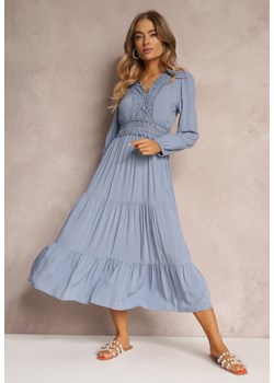 Niebieska Sukienka Rozkloszowana z Falbanką i Koronką Kiaya ze sklepu Renee odzież w kategorii Sukienki - zdjęcie 157091289