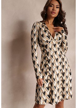 Beżowa Rozkloszowana Sukienka z Długim Rękawem i Geometrycznym Nadrukiem Springpeace ze sklepu Renee odzież w kategorii Sukienki - zdjęcie 157091689