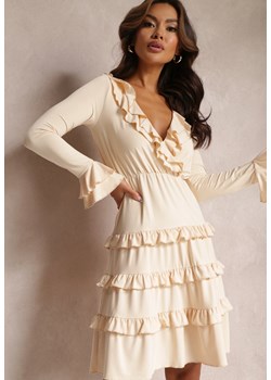 Beżowa Rozkloszowana Sukienka Mini z Gumką w Talii i Ozdobnym Dekoltem Agnena ze sklepu Renee odzież w kategorii Sukienki - zdjęcie 157091709