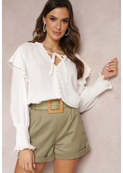 Biała Koszula Bawełniana z Falowaną Stójką i Wiązaniem Baize ze sklepu Renee odzież w kategorii Koszule damskie - zdjęcie 157091865