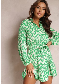 Zielona Koszulowa Sukienka z Falbanką na Dole i Wiązanym Paskiem Ametisa ze sklepu Renee odzież w kategorii Sukienki - zdjęcie 157091905