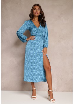 Niebieska Satynowa Sukienka Kopertowa w Geometryczny Wzór Hurush ze sklepu Renee odzież w kategorii Sukienki - zdjęcie 157091915