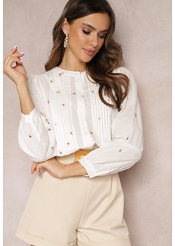 Biała Bawełniana Koszula bez Kołnierzyka Zdobiona Plisami Novuni ze sklepu Renee odzież w kategorii Koszule damskie - zdjęcie 157091967