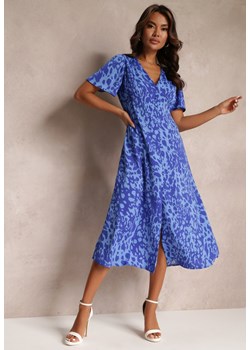 Niebieska Taliowana Sukienka Midi z Krótkim Rękawem i Gumkami w Talii Zerala ze sklepu Renee odzież w kategorii Sukienki - zdjęcie 157091998