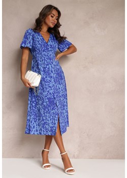 Niebieska Taliowana Sukienka Midi z Krótkim Rękawem i Gumkami w Talii Zerala ze sklepu Renee odzież w kategorii Sukienki - zdjęcie 157091999