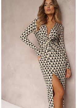 Beżowa Sukienka Dopasowana z Kopertowym Dekoltem i Geometrycznym Wzorem Nohea ze sklepu Renee odzież w kategorii Sukienki - zdjęcie 157092289