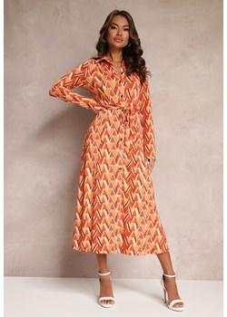 Pomarańczowa Koszulowa Sukienka w Mozaikowy Wzór Wiązana w Pasie Azalie ze sklepu Renee odzież w kategorii Sukienki - zdjęcie 157092359