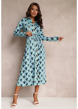 Niebieska Koszulowa Sukienka w Mozaikowy Wzór Wiązana w Pasie Azalie ze sklepu Renee odzież w kategorii Sukienki - zdjęcie 157092369