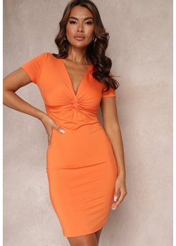 Pomarańczowa Sukienka Dopasowana z Marszczeniem i Krótkim Rękawem Hesu ze sklepu Renee odzież w kategorii Sukienki - zdjęcie 157092707
