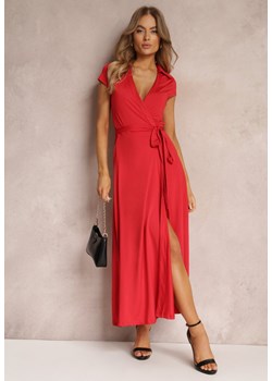 Czerwona Kopertowa Sukienka z Kołnierzykiem i Wiązaniem w Talii Hadly ze sklepu Renee odzież w kategorii Sukienki - zdjęcie 157092858