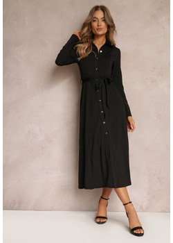 Czarna Długa Sukienka Koszulowa z Wiązaniem w Talii Levae ze sklepu Renee odzież w kategorii Sukienki - zdjęcie 157092888