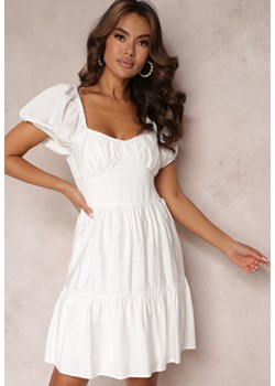 Biała Taliowana Sukienka z Bufiastym Rękawem i Falbanką Jorasa ze sklepu Renee odzież w kategorii Sukienki - zdjęcie 157093378