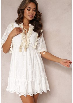 Biała Bawełniana Sukienka Boho z Haftem i Sznureczkami Ladora ze sklepu Renee odzież w kategorii Sukienki - zdjęcie 157093619