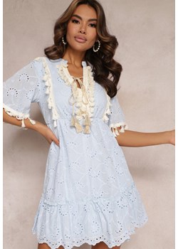 Niebieska Bawełniana Sukienka Boho z Haftem i Sznureczkami Ladora ze sklepu Renee odzież w kategorii Sukienki - zdjęcie 157093629