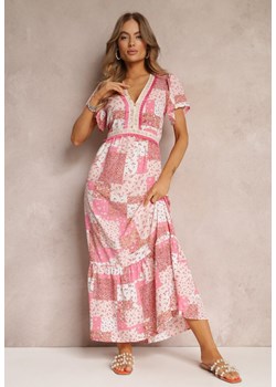 Różowa Sukienka Rozkloszowana z Falbaną w Kwiaty Jessiah ze sklepu Renee odzież w kategorii Sukienki - zdjęcie 157093639