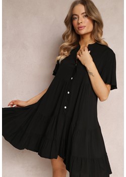 Czarna Koszulowa Sukienka z Wiskozy i Falbanką Alyresa ze sklepu Renee odzież w kategorii Sukienki - zdjęcie 157094659
