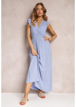 Niebieska Wiskozowa Sukienka z Gumką w Pasie i Kopertowym Dekoltem Hyasine ze sklepu Renee odzież w kategorii Sukienki - zdjęcie 157094799