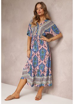 Niebieska Wiskozowa Sukienka Maxi z Gumką w Pasie i Falbanką Cophine ze sklepu Renee odzież w kategorii Sukienki - zdjęcie 157094949