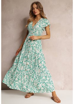 Jasnozielono-Biała Wiskozowa Sukienka Maxi z Gumką w Talii i Falbankami Maethia ze sklepu Renee odzież w kategorii Sukienki - zdjęcie 157095249
