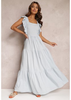 Jasnoniebieska Sukienka Maxi z Bawełny z Falbankami i Ozdobnym Wiązaniem Namonche ze sklepu Renee odzież w kategorii Sukienki - zdjęcie 157095547