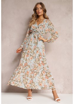 Miętowa Sukienka Maxi z Kopertowym Dekoltem i Gumką z Wiązaniem w Talii Alret ze sklepu Renee odzież w kategorii Sukienki - zdjęcie 157095617