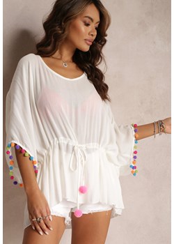 Biała Bluzka Narzutka Oversize z Pomponami i Ściągaczem Shaklia ze sklepu Renee odzież w kategorii Odzież plażowa - zdjęcie 157095747