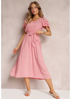 Różowa Wiskozowa Sukienka Midi z Gumką w Talii i Falbankami Nenora ze sklepu Renee odzież w kategorii Sukienki - zdjęcie 157095845