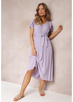 Fioletowa Wiskozowa Sukienka Midi z Gumką w Talii i Falbankami Nenora ze sklepu Renee odzież w kategorii Sukienki - zdjęcie 157095855
