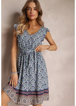 Niebieska Wiskozowa Sukienka Mini z Falbanką i Gumką w Talii Ridholi ze sklepu Renee odzież w kategorii Sukienki - zdjęcie 157096028