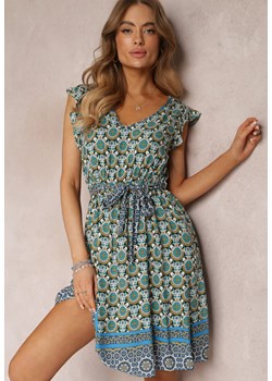 Miętowo-Zielona Wiskozowa Sukienka Mini z Falbanką i Gumką w Talii Ridholi ze sklepu Renee odzież w kategorii Sukienki - zdjęcie 157096035