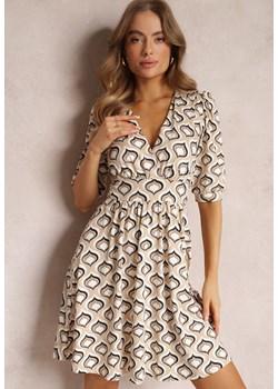 Beżowa Sukienka Mini w Mozaikowy Wzór z Bufiastymi Rękawami Sabreena ze sklepu Renee odzież w kategorii Sukienki - zdjęcie 157096568