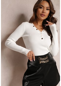 Biały Sweter Zapinany z Prążkowanej Dzianiny Evia ze sklepu Renee odzież w kategorii Swetry damskie - zdjęcie 157096695