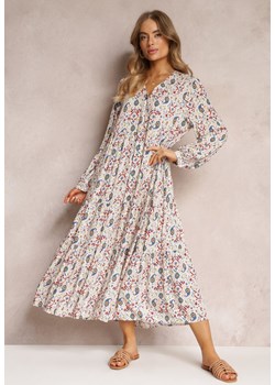 Jasnobeżowa Rozkloszowana Sukienka Koszulowa w Kwiaty Leathy ze sklepu Renee odzież w kategorii Sukienki - zdjęcie 157097296