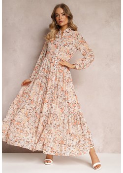 Różowa Koszulowa Sukienka Maxi w Kwiaty z Falbaną na Dole Nilmisse ze sklepu Renee odzież w kategorii Sukienki - zdjęcie 157097426