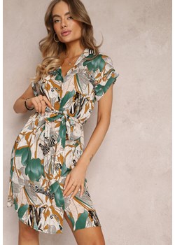 Zielono-Beżowa Koszulowa Sukienka z Egzotycznym Wzorem i Wiązaniem W Talii Cerbia ze sklepu Renee odzież w kategorii Sukienki - zdjęcie 157097436