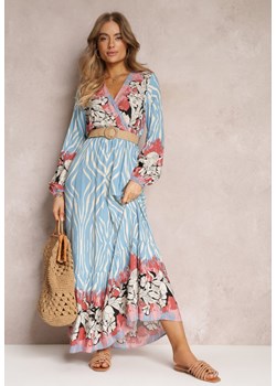 Niebiesko-Różowa Kopertowa Sukienka Rozkloszowana z Plecionym Paskiem Alymara ze sklepu Renee odzież w kategorii Sukienki - zdjęcie 157097447