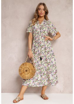 Różowo-Zielona Sukienka z Gumką w Talii z Wiskozy w Kwiatowy Wzór Cace ze sklepu Renee odzież w kategorii Sukienki - zdjęcie 157097748