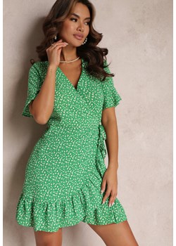 Zielona Sukienka Kopertowa w Kwiaty z Falbankami Vonnos ze sklepu Renee odzież w kategorii Sukienki - zdjęcie 157098048
